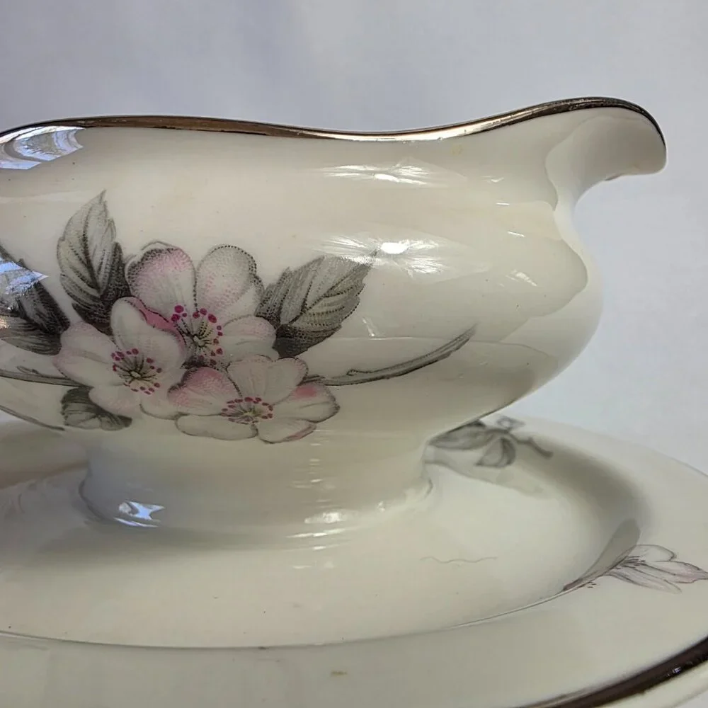 Manor House Spring Glory Gravy Boat & Underplate Pink & White Floral Gray Leaves